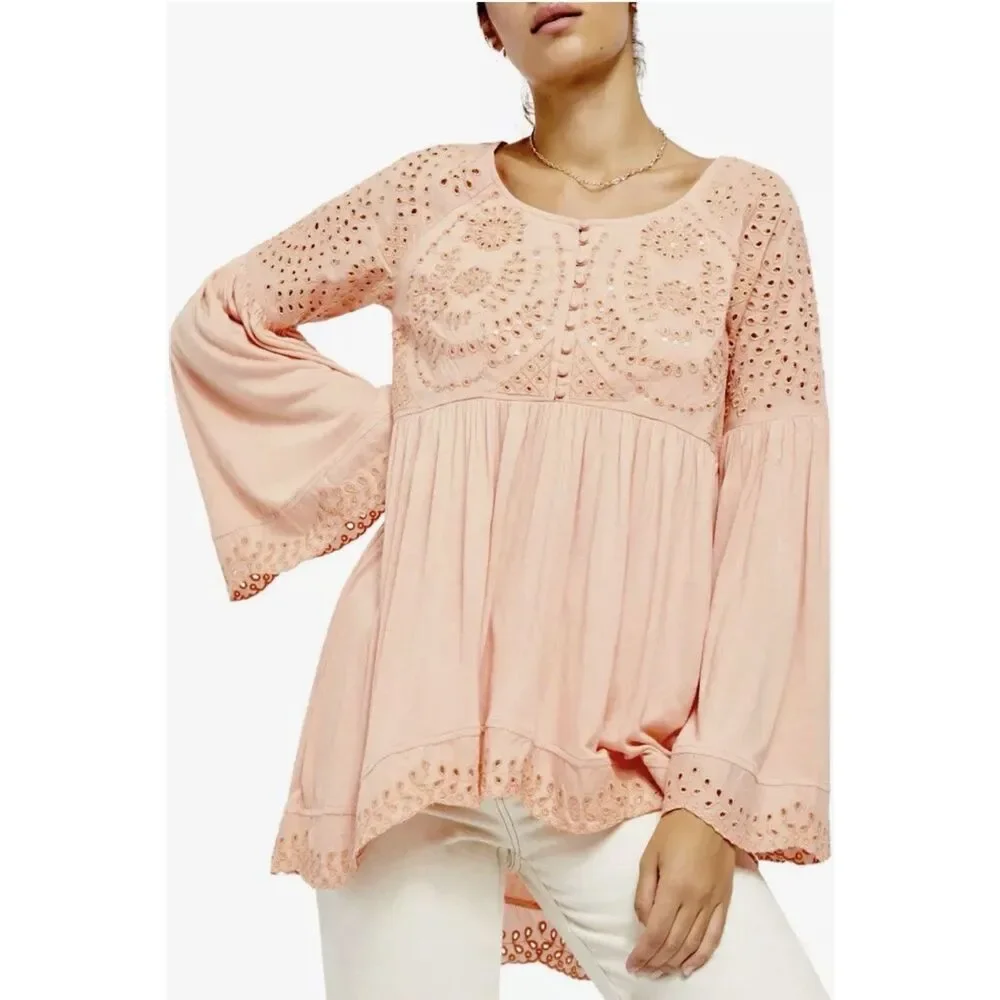 Free People Sea Of Love Tunic Top Peach Eyelet Bell Sleeve Blouse Boho Sequin Lg